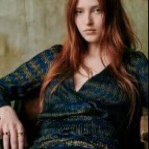 Sezane Catalya Dress in Navy, Black, and Metallic Gold, Size 14, Never Worn